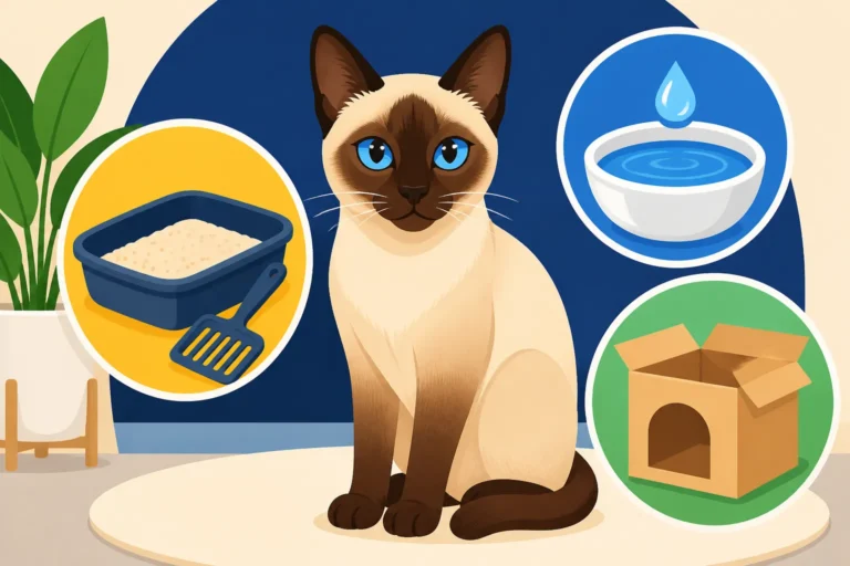 Litter, Water and Boxes for a Siamese Cat
