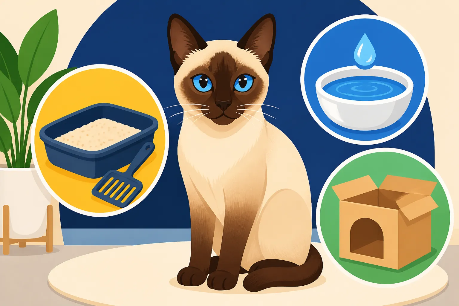 Litter, Water and Boxes for a Siamese Cat